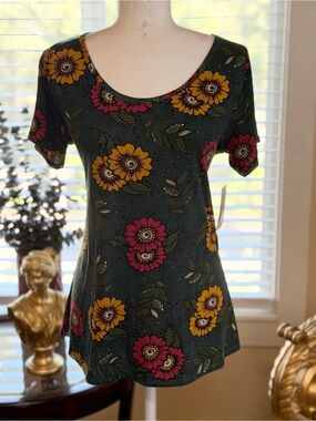 LuLaRoe Scoop Neck Floral Tee in Teal with Pink & Yellow Blooms